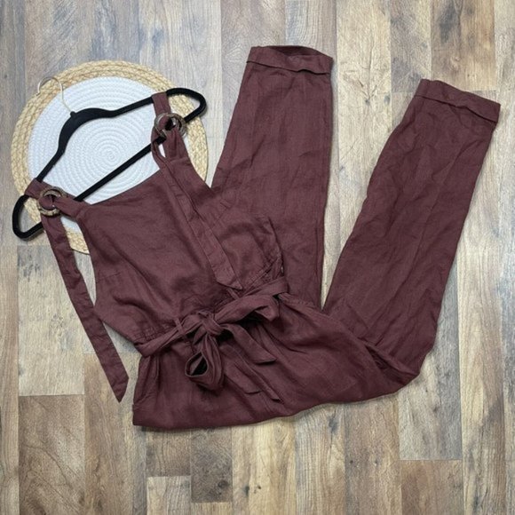 Free People Pants - Free People Linen Belted Jumpsuit Womens Size XS Pockets Button Side
